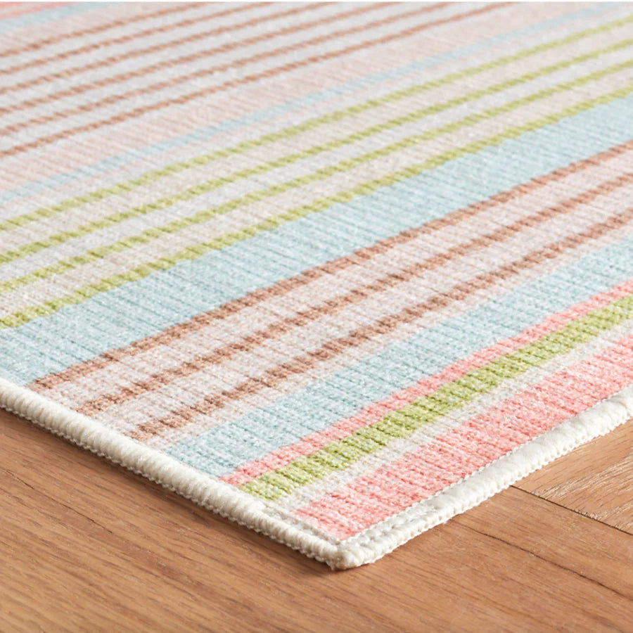 Ana Ticking Aqua Machine Washable Rug WASHABLE