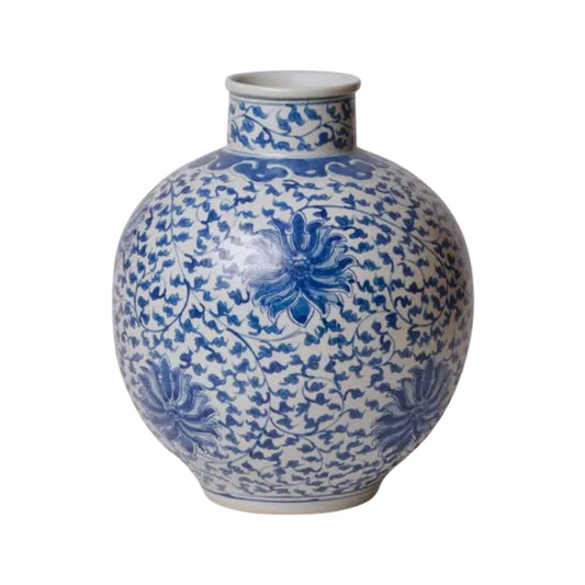 Blue and White Porcelain Scrolling Lotus Globe Vase Vases, Planters & Jars