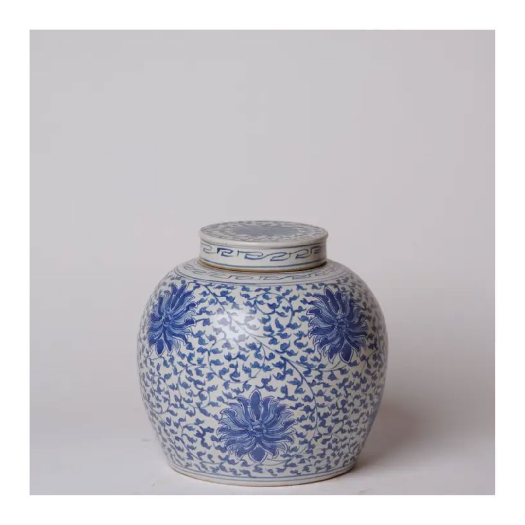Blue and White Porcelain Scrolling Lotus Round Lidded Jar Vases, Planters & Jars