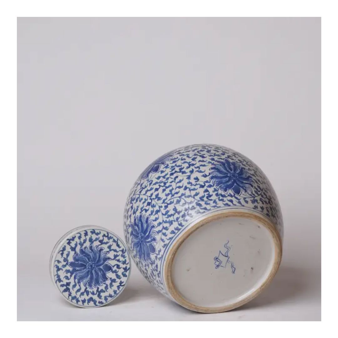 Blue and White Porcelain Scrolling Lotus Round Lidded Jar Vases, Planters & Jars