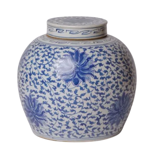 Blue and White Porcelain Scrolling Lotus Round Lidded Jar Vases, Planters & Jars