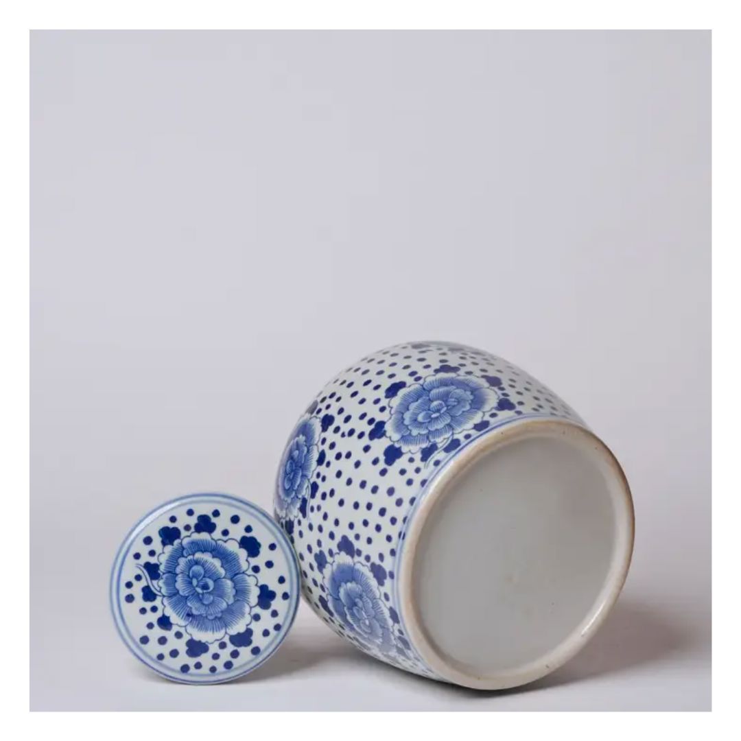 Blue and White Porcelain Spotted Peony Round Jar Vases, Planters & Jars