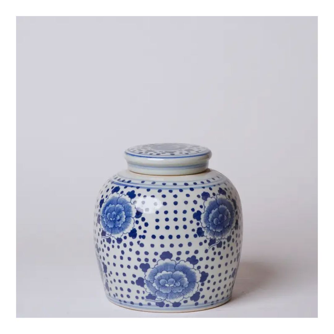Blue and White Porcelain Spotted Peony Round Jar Vases, Planters & Jars