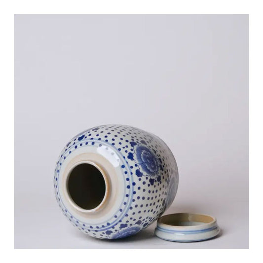 Blue and White Porcelain Spotted Peony Round Jar Vases, Planters & Jars