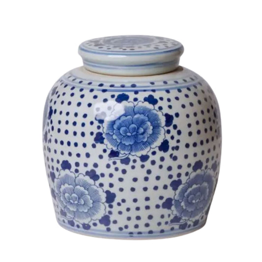 Blue and White Porcelain Spotted Peony Round Jar Vases, Planters & Jars
