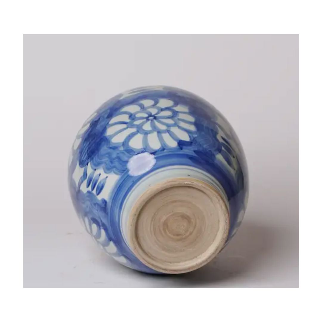 Hand Painted Floral Blue and White Porcelain Globe Vases, Planters & Jars