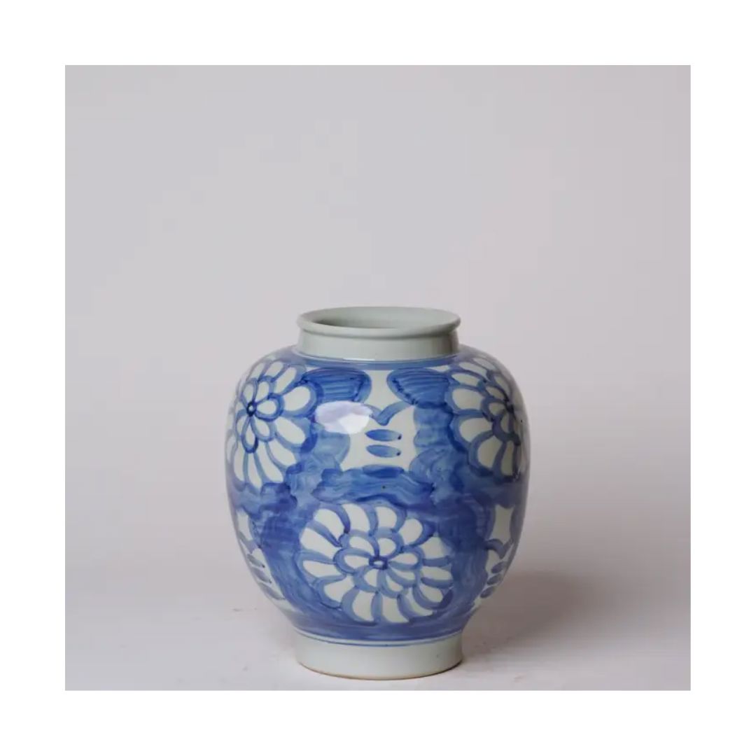 Hand Painted Floral Blue and White Porcelain Globe Vases, Planters & Jars
