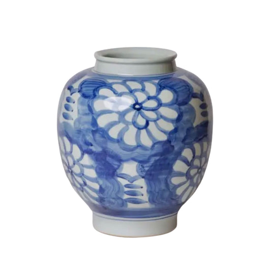 Hand Painted Floral Blue and White Porcelain Globe Vases, Planters & Jars