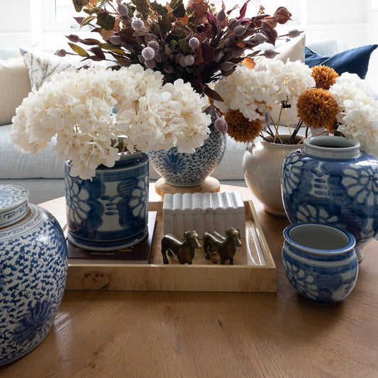 Hand Painted Floral Blue and White Porcelain Globe Vases, Planters & Jars