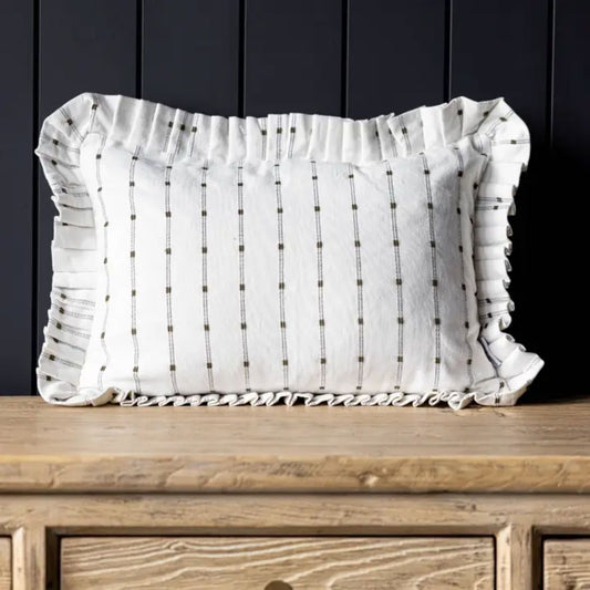 Ruffle Lumbar Pillow Embroidery Olive Green Stripes Pillows