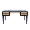 Adelaide Desk Glossy Navy Lacquer & Natural Grasscloth | Polished Nickel. Front view.