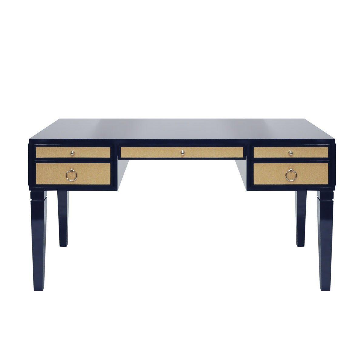 Adelaide Desk Matte White Lacquer & Natural Grasscloth | Polished Brass. Front view.