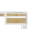 Adelaide Desk drawers Matte White Lacquer & Natural Grasscloth | Polished Brass. Detail view.