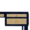 Adelaide Desk drawers Glossy Navy Lacquer & Natural Grasscloth | Polished Brass. Detail view.