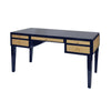 Adelaide Desk Glossy Navy Lacquer & Natural Grasscloth | Polished Brass. Left angle view.