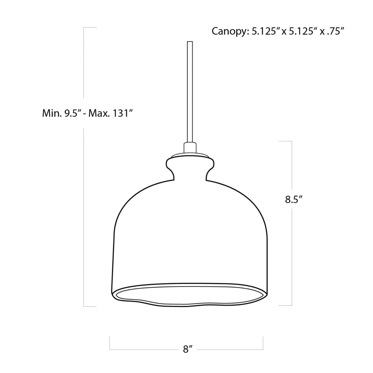 Arden Ceramic Pendant with dimensions. Dimension view.