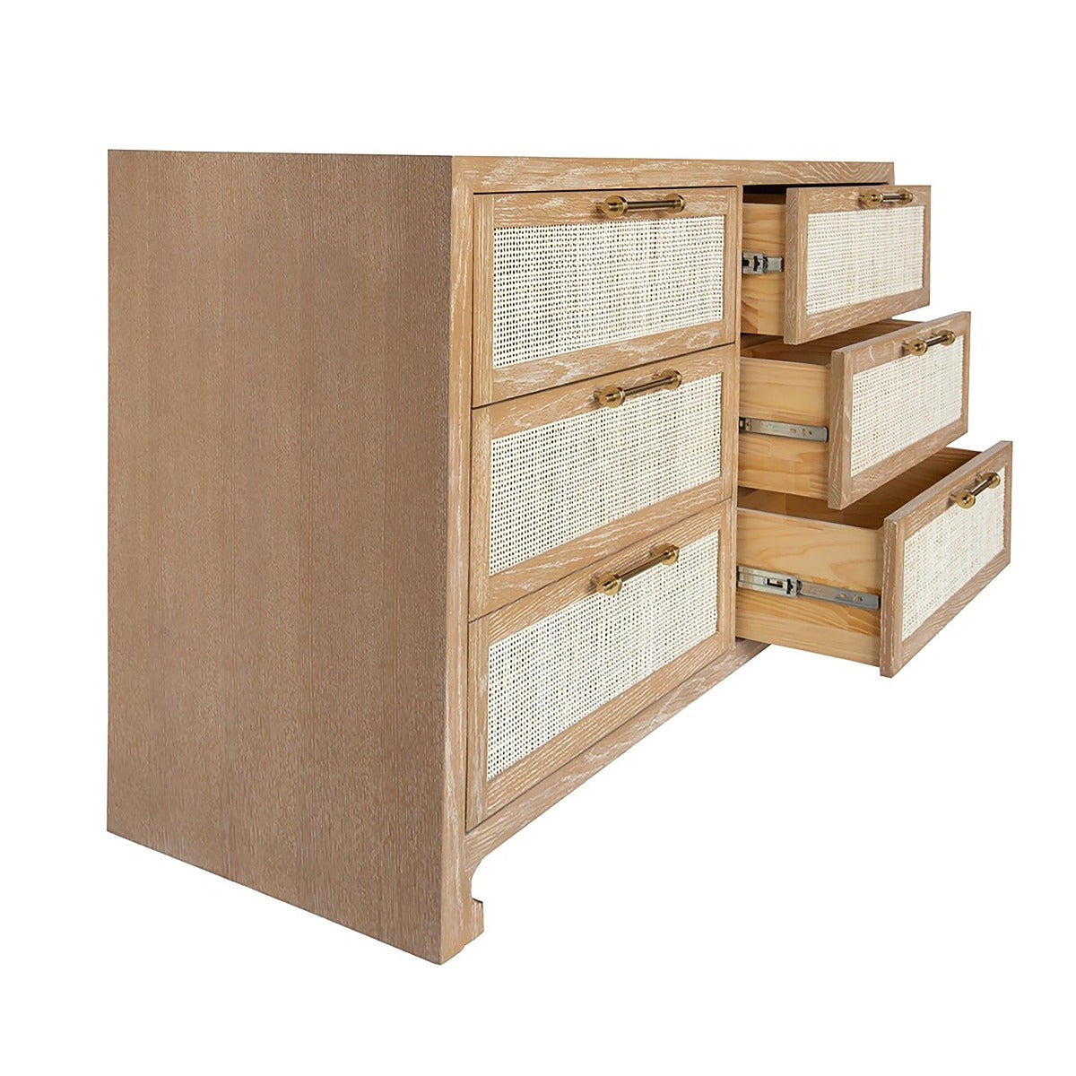 Astrid Chest drawers open Cerused Oak. Right angle view.