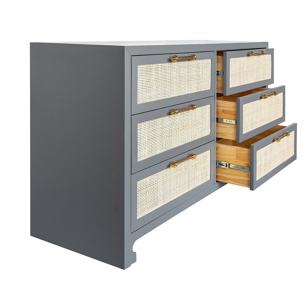 Astrid Chest drawers open Matte Grey Lacquer. Right angle view.