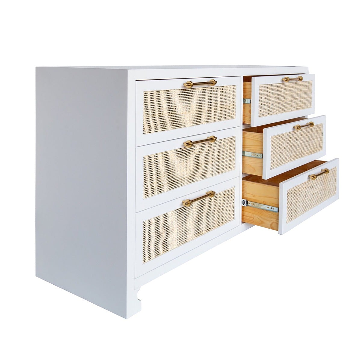 Astrid Chest drawers open Matte White Lacquer. Right angle view.