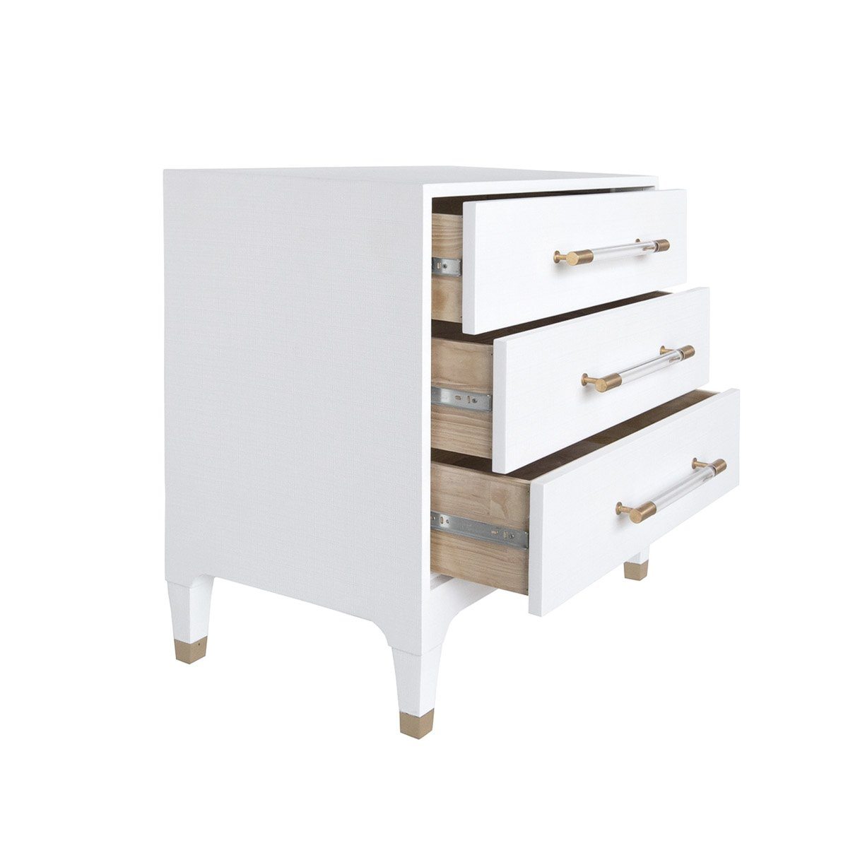 Bethany Dresser drawers open Lacquered White Linen. Right angle view.