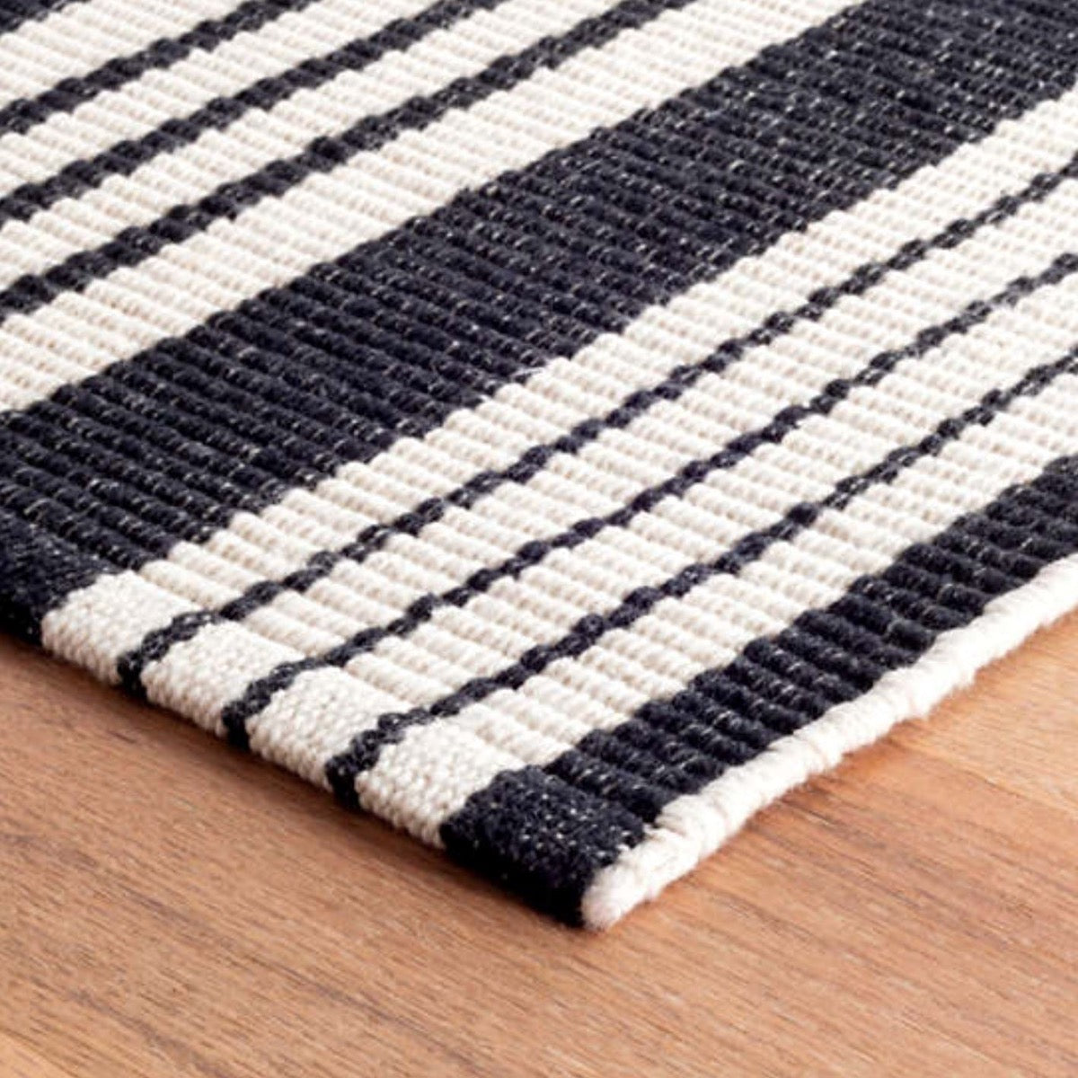 Birmingham Black Indoor/Outdoor Rug corner detail. Close-up detail view.