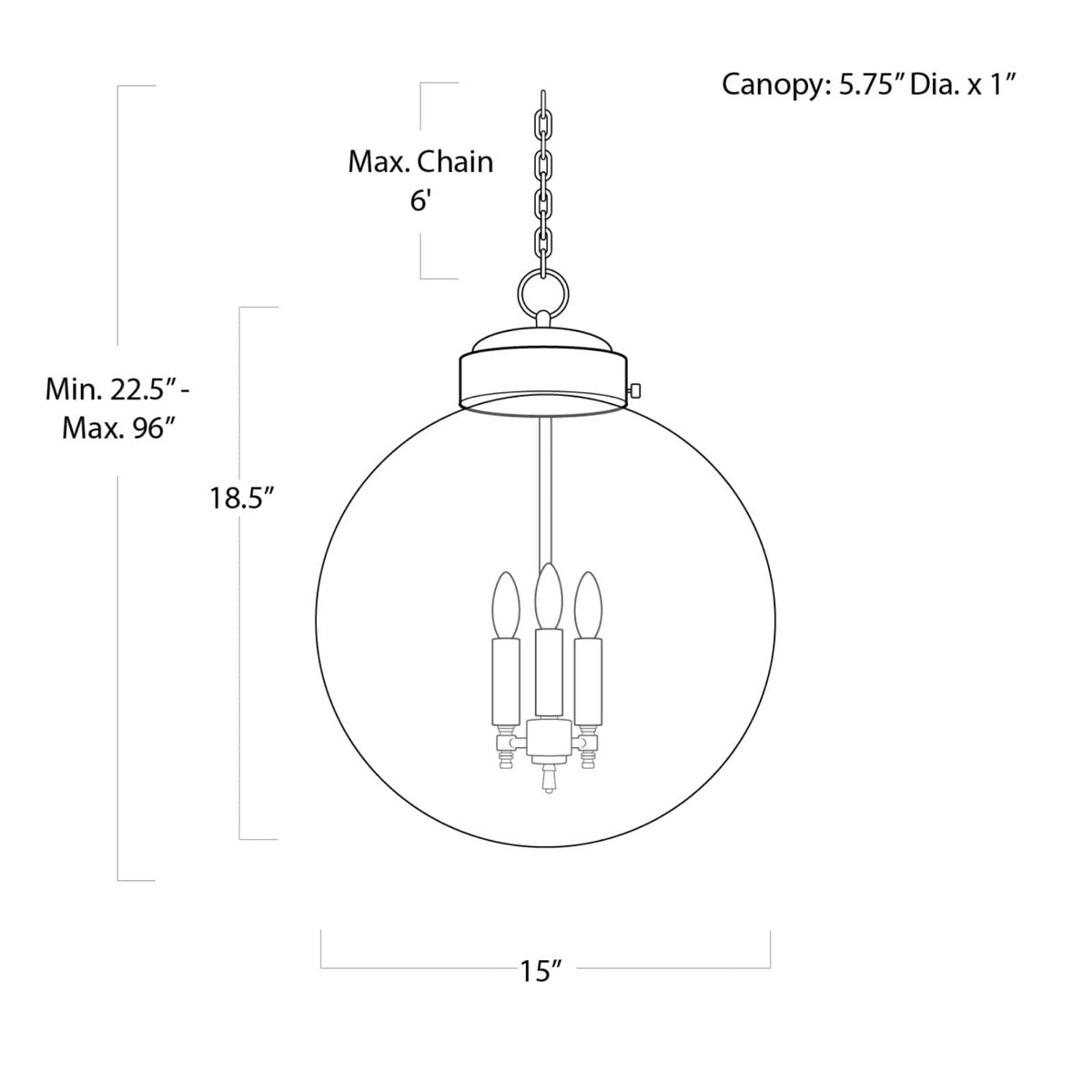 Globe Pendant with dimensions. Dimension view.