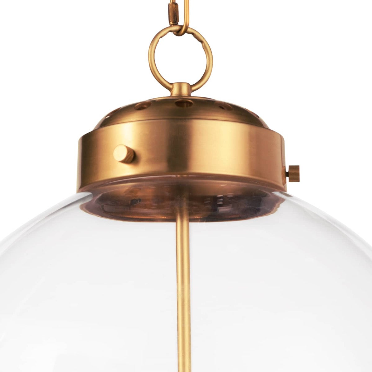 Globe Pendant top shade Natural Brass. Front view.
