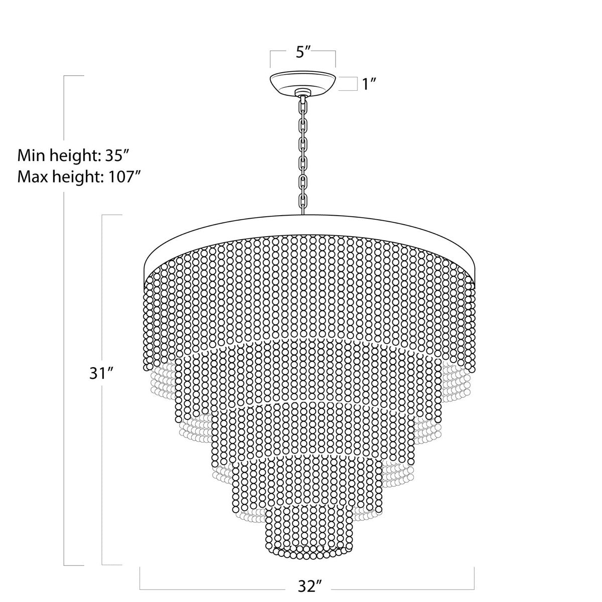 Waterfall Chandelier with dimensions. Dimension view.