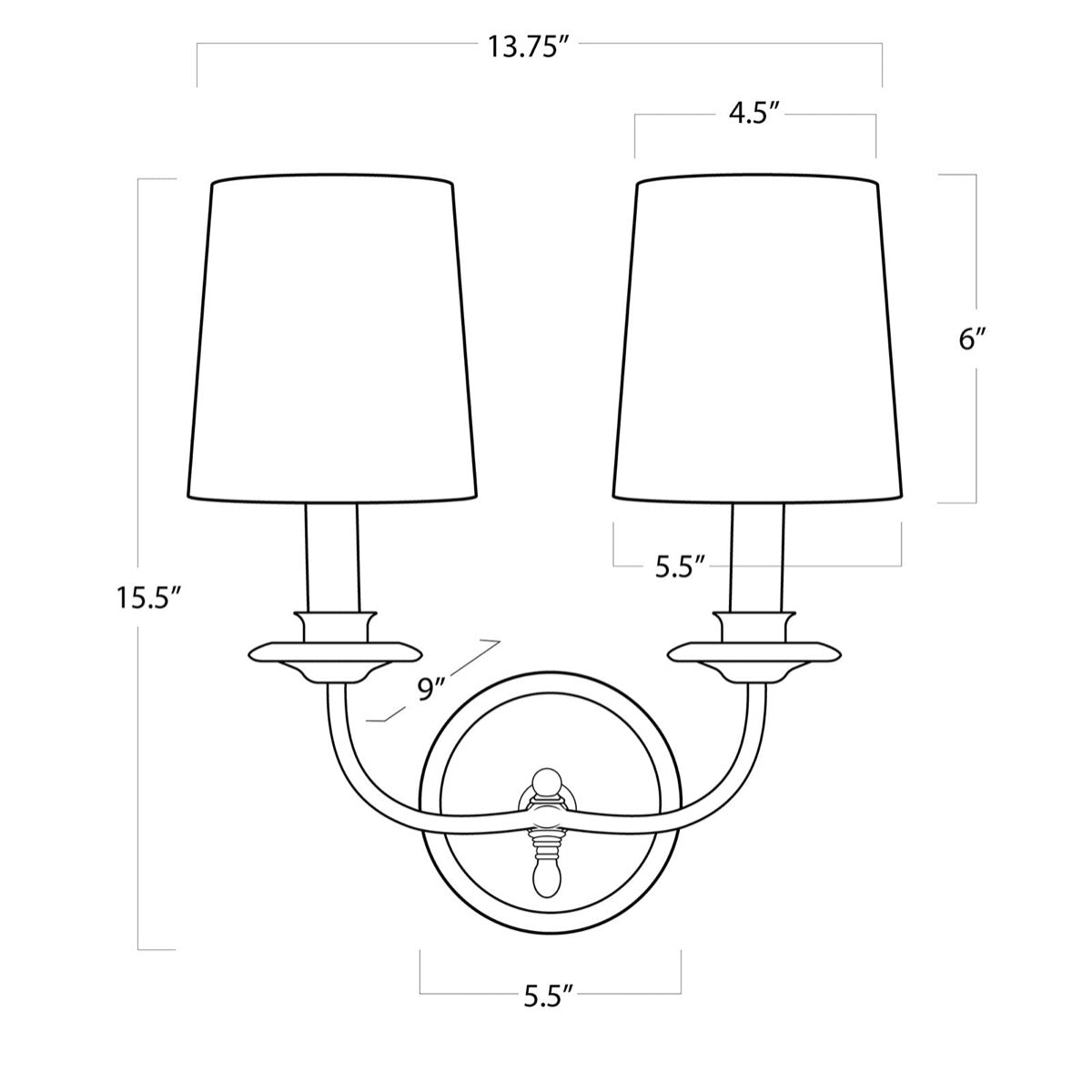 Fisher Double Sconce with dimensions. Dimension view.