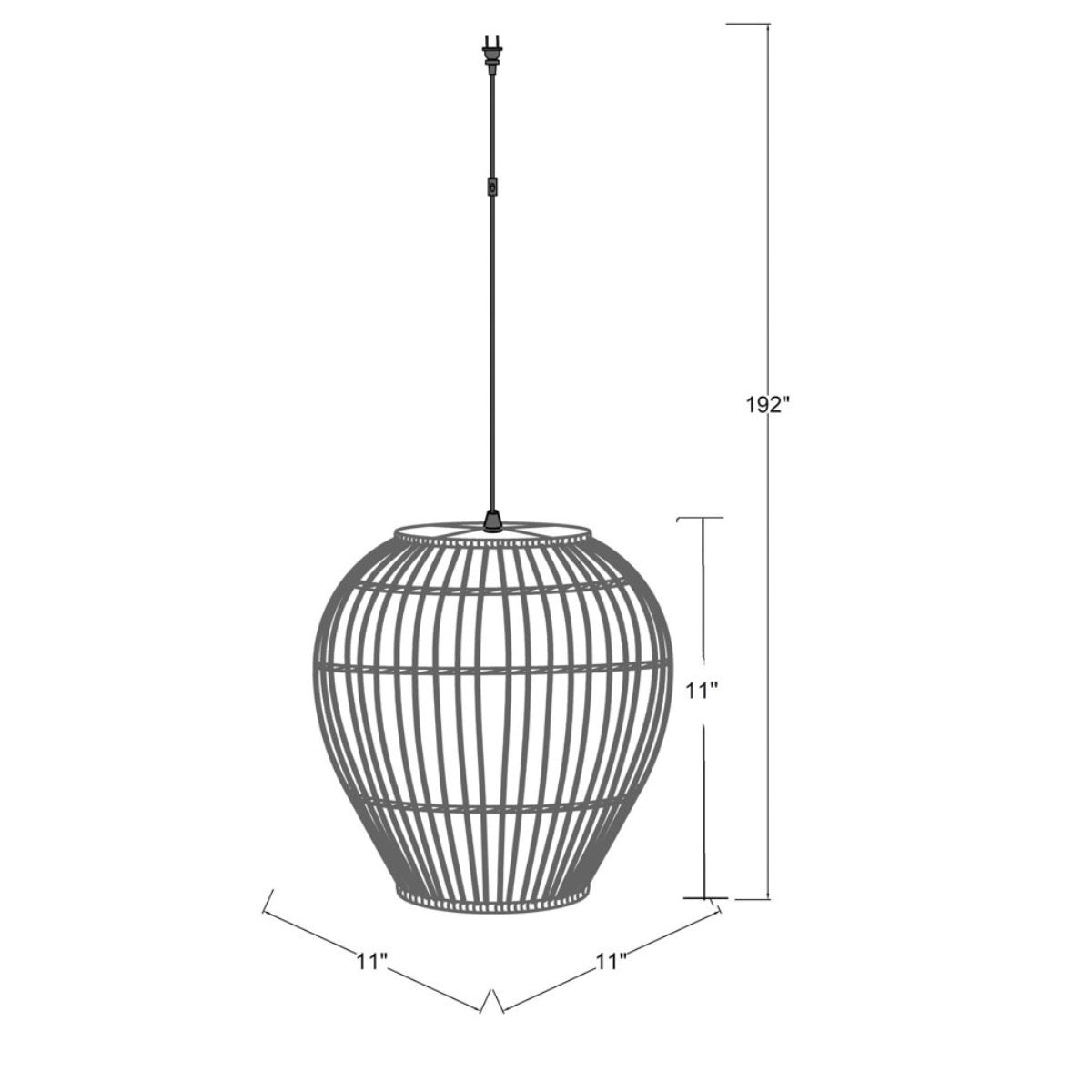 Bungalow Pendant with dimensions. 11" L x 11" W x 11" H. 192" Overall. Dimension view.