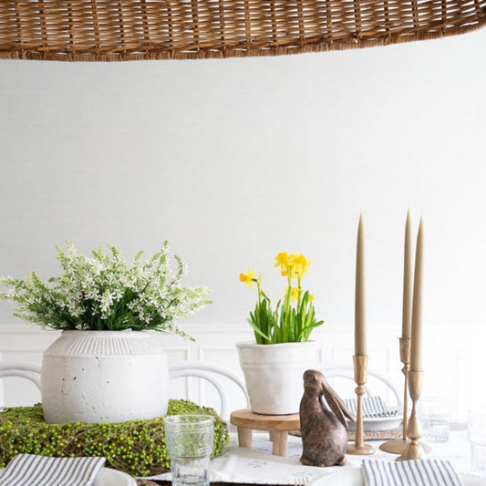 Bunny Bookends styled on a dining table with spring decor. Styled view.