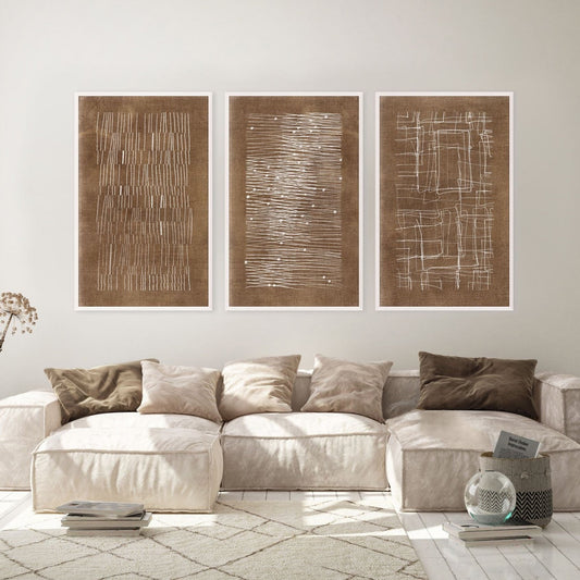 Burnt Umber Impressions IV styled in a neutral living room. Styled view.