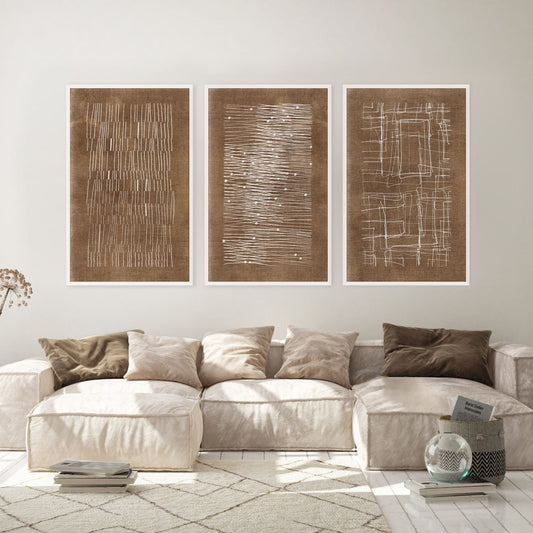 Burnt Umber Impressions III styled in a neutral living room. Styled view.