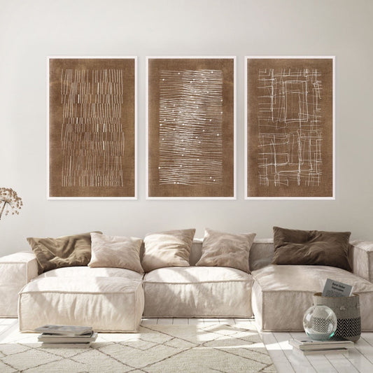 Burnt Umber Impressions IV styled in a neutral living room. Styled view.