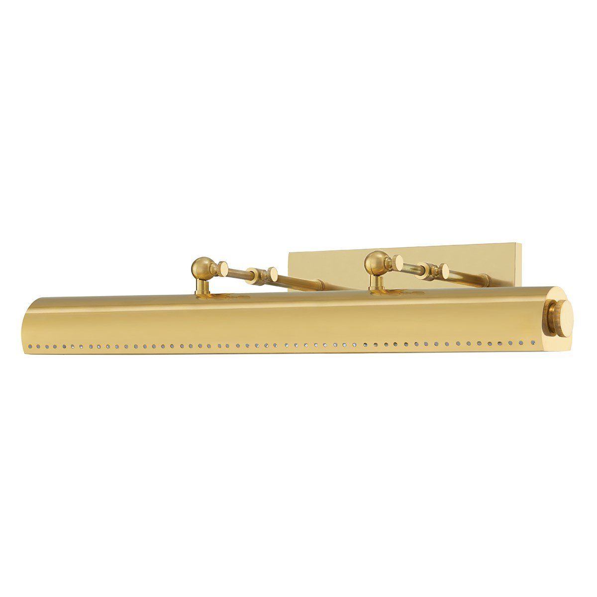 Camden Picture Light Aged Brass Large. Left angle view.