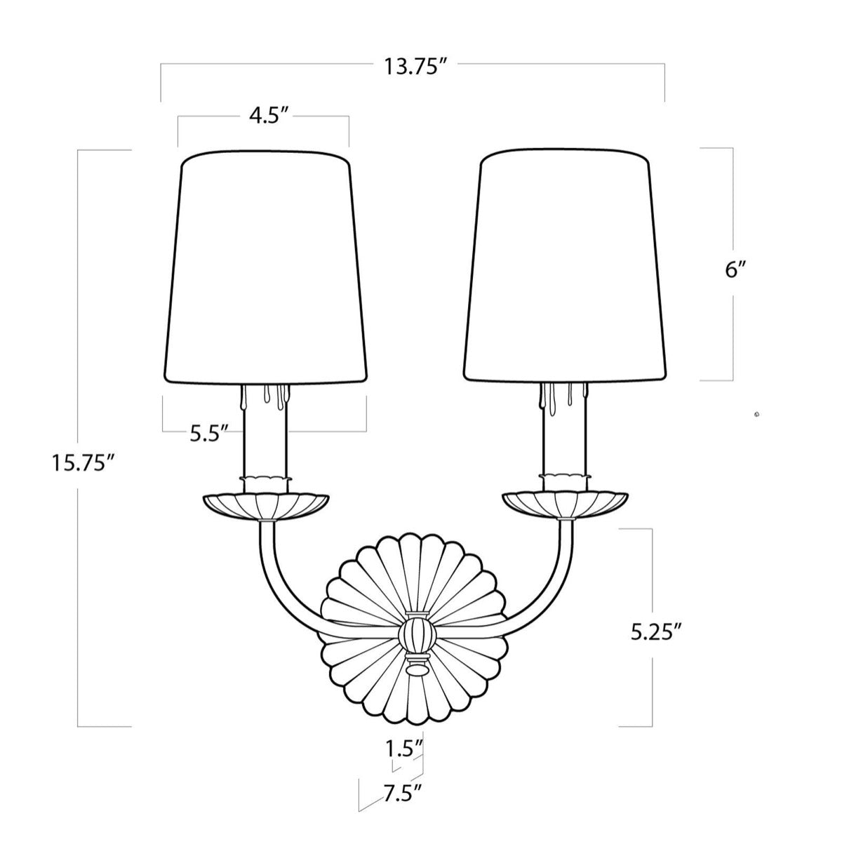 Carson Double Sconce with dimensions. Dimension view.