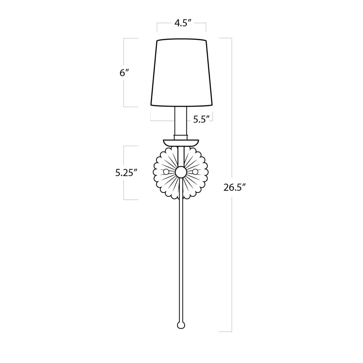 Carson Single Sconce with dimensions. Dimension view.