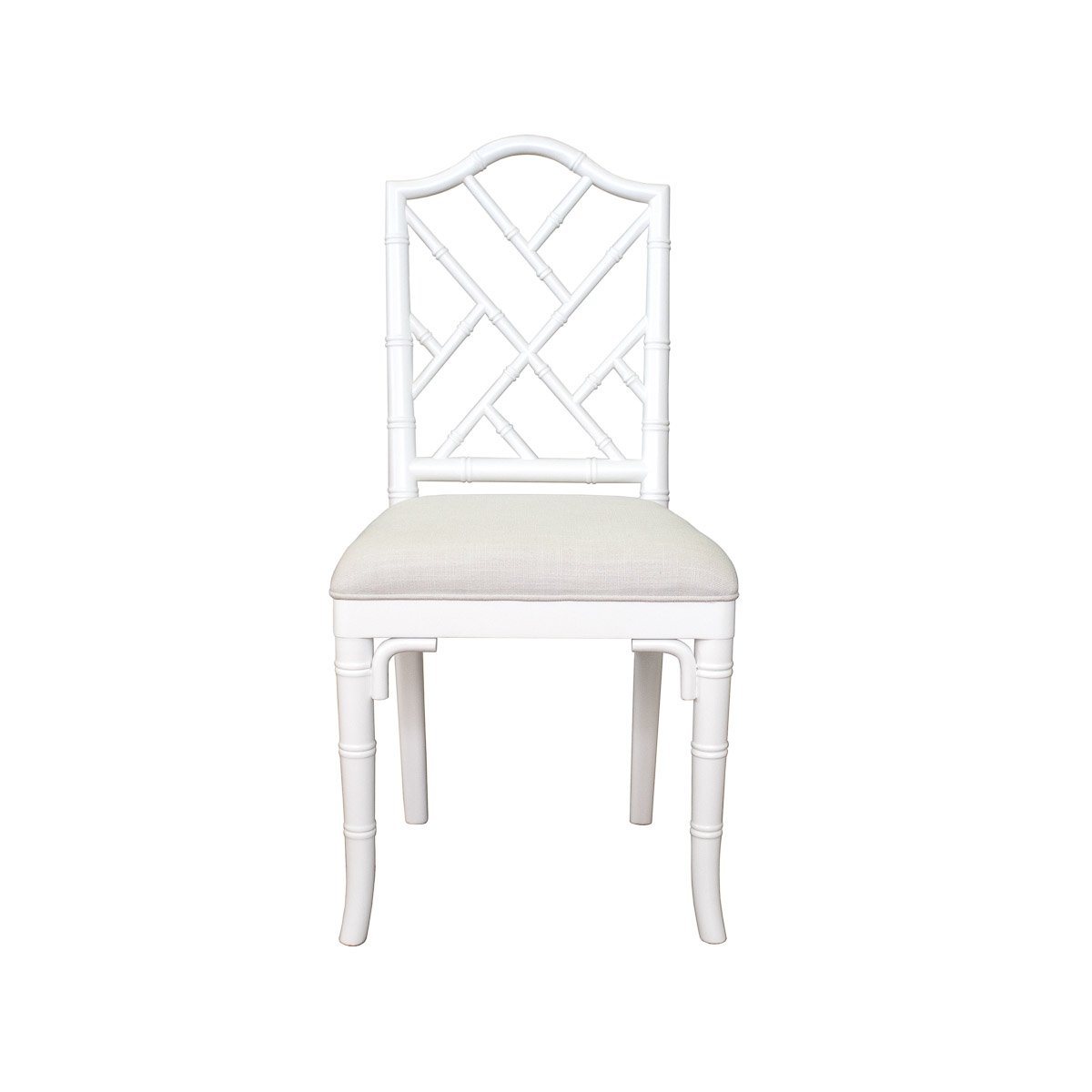 Chippendale Dining Chair Matte White Lacquer | White Linen. Front view.