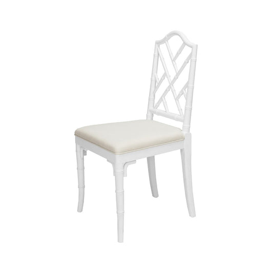 Chippendale Dining Chair Matte White Lacquer | White Linen. Left angle view.