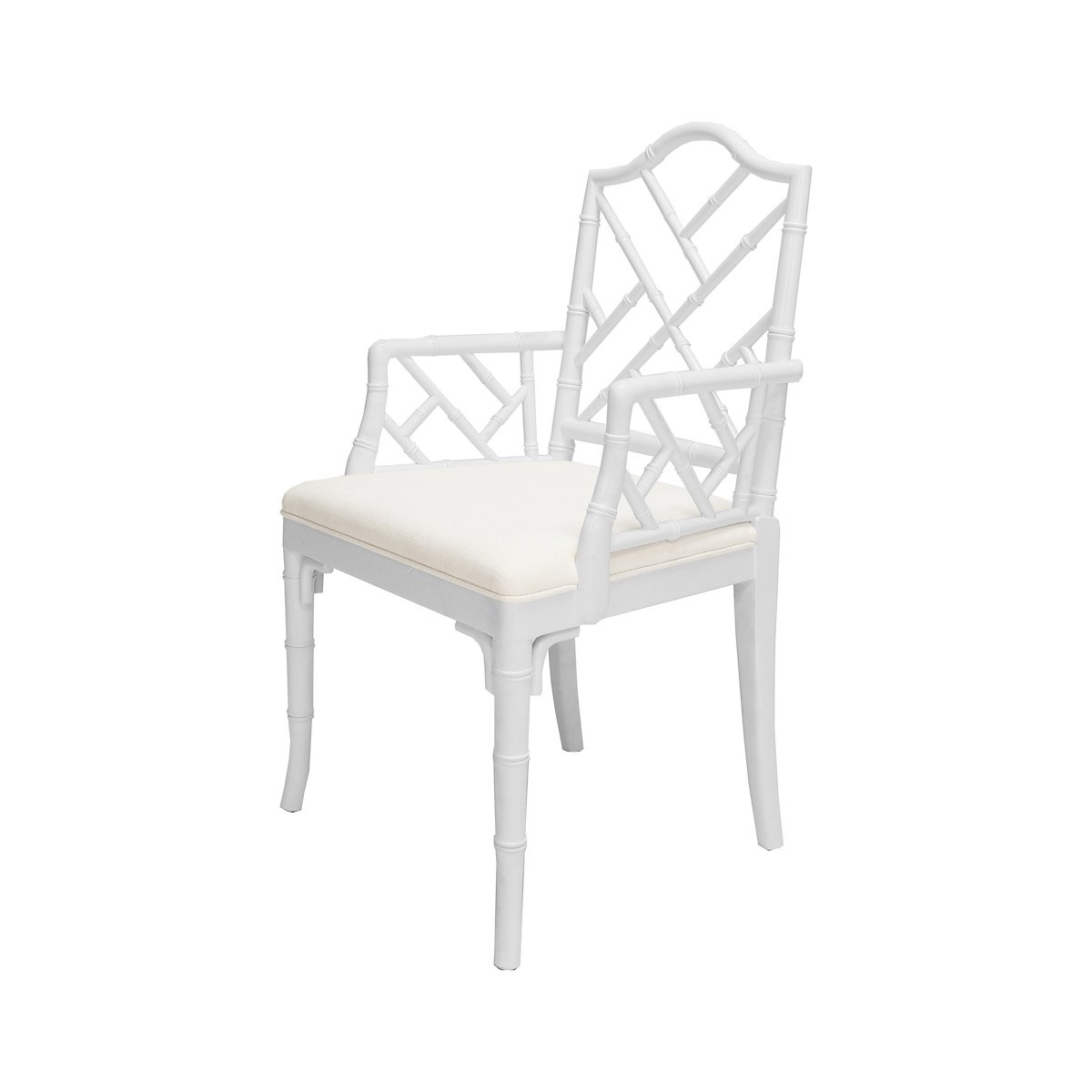 Chippendale Host Chair Matte White Lacquer | White Linen. Front view.