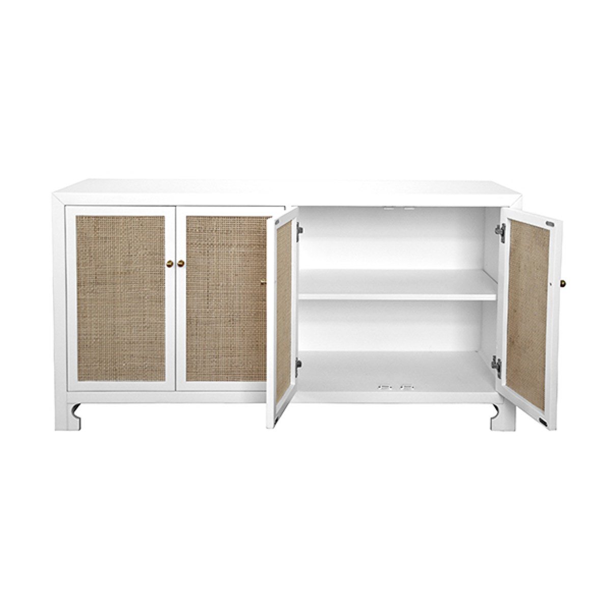 Colette Cabinet right doors open Matte White Lacquer | Natural Caning. Front view.