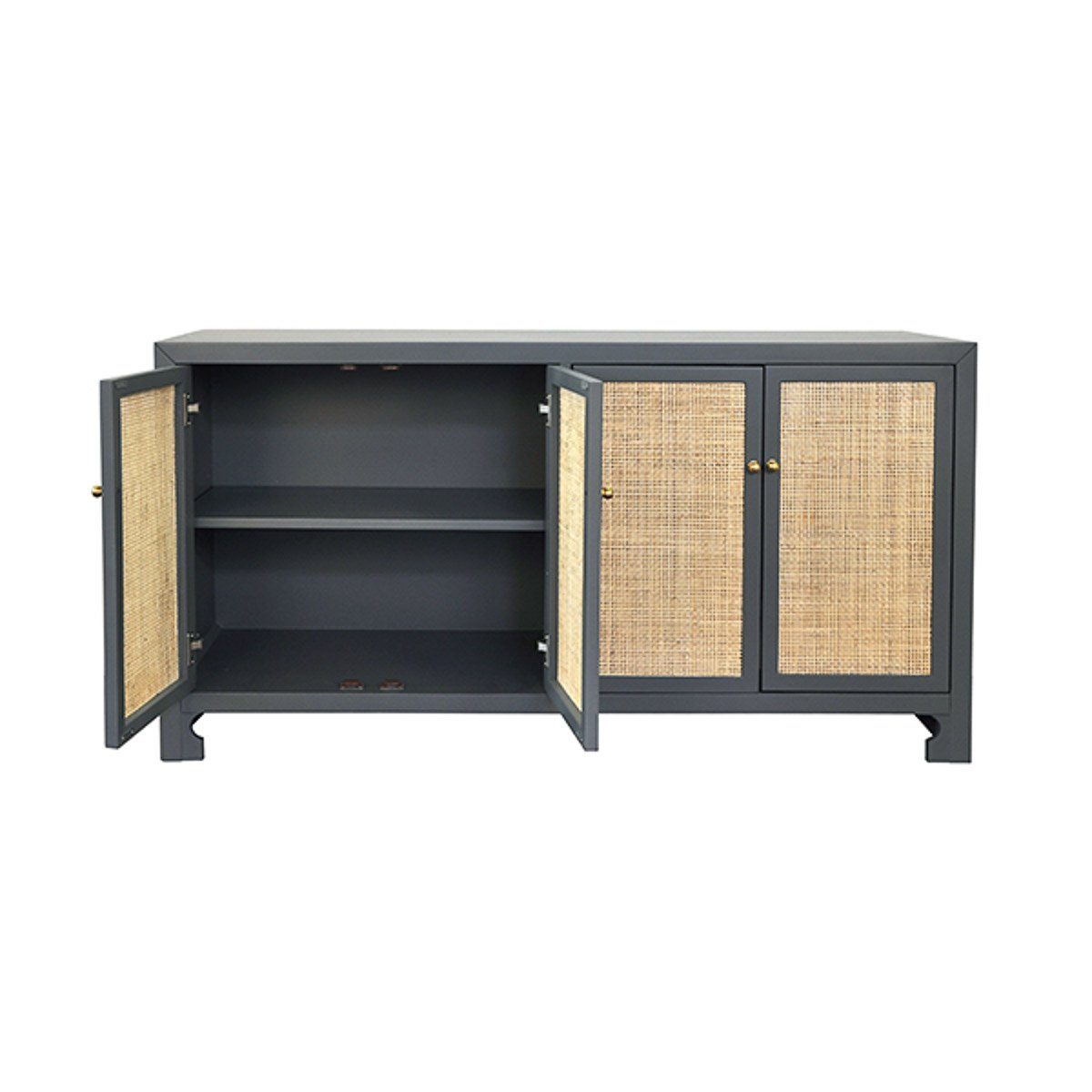 Colette Cabinet left doors open Matte Grey Lacquer | Natural Caning. Front view.