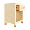 Charleston Side Table - 1 Drawer drawer open Natural Grasscloth. Right angle view.