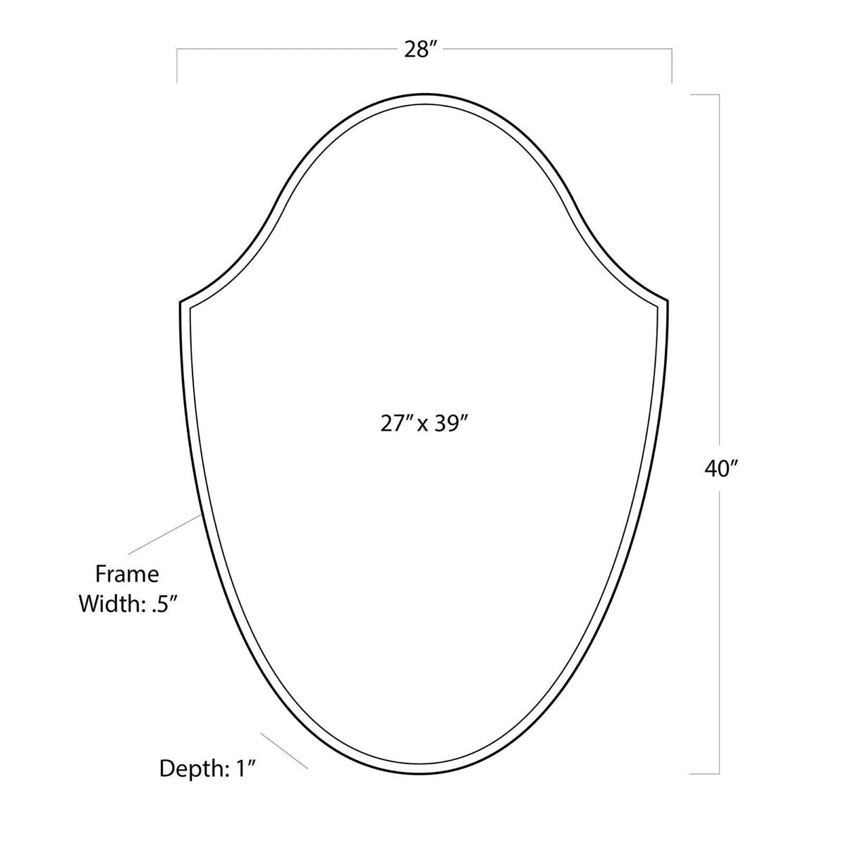 Crest Mirror with dimensions. Dimension view.