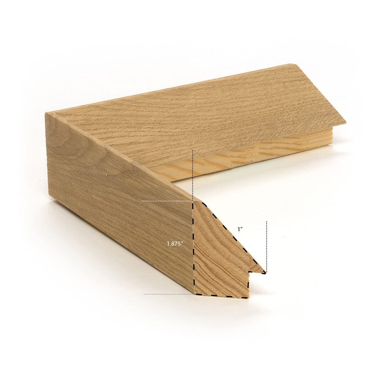 Light wood frame. 1" wide. 1.875" thick. Close-up detail view.