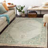 Ella Rug styled with a grey sofa, neutral stool and greenery. Styled view.