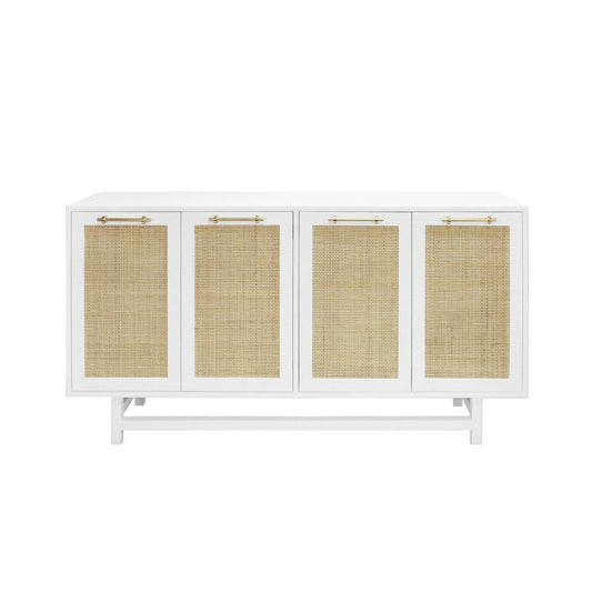 Emma Cabinet Matte White Lacquer & Natural Caning | Polished Brass. Front view.