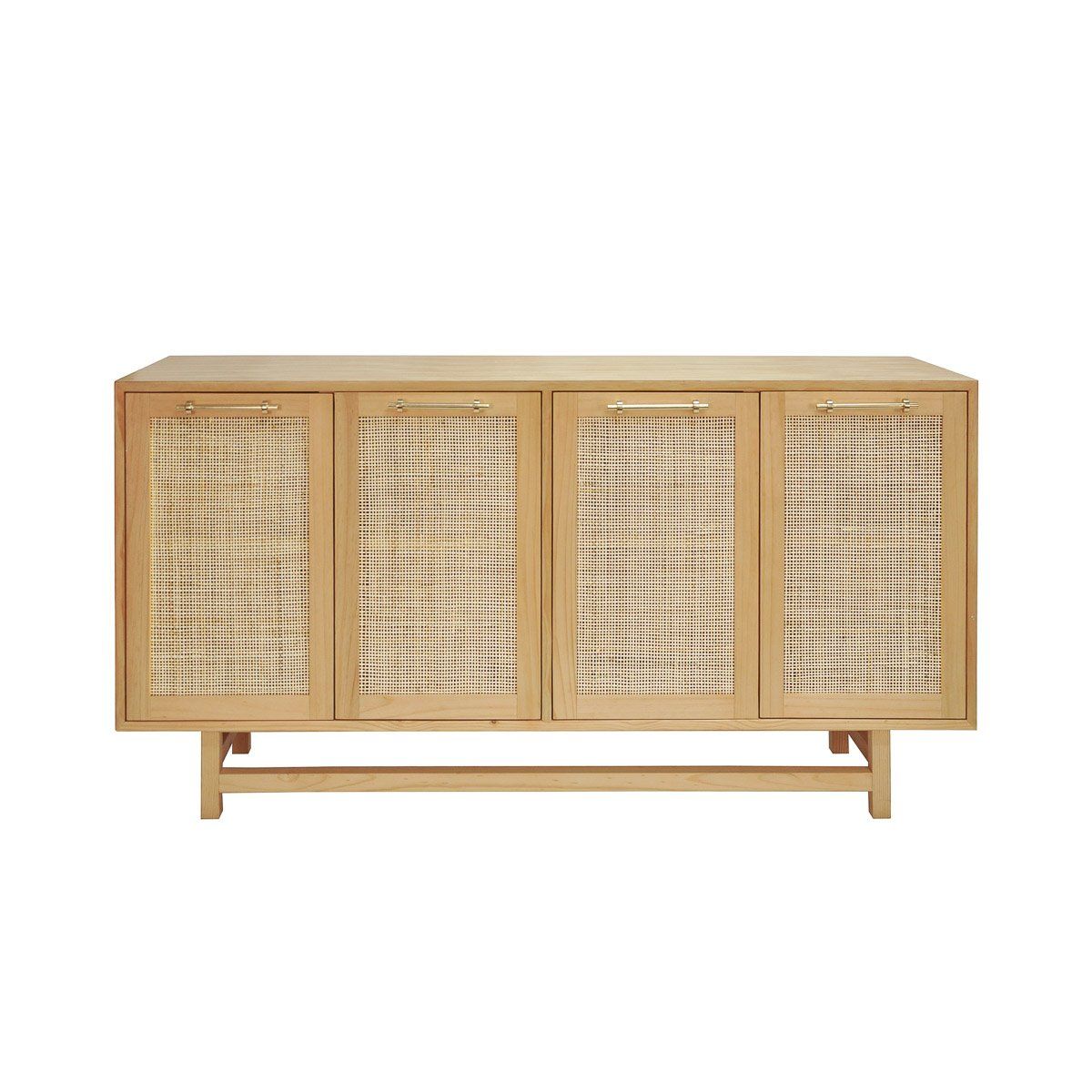 Emma Cabinet Matte White Lacquer & Natural Caning | Polished Brass. Front view.