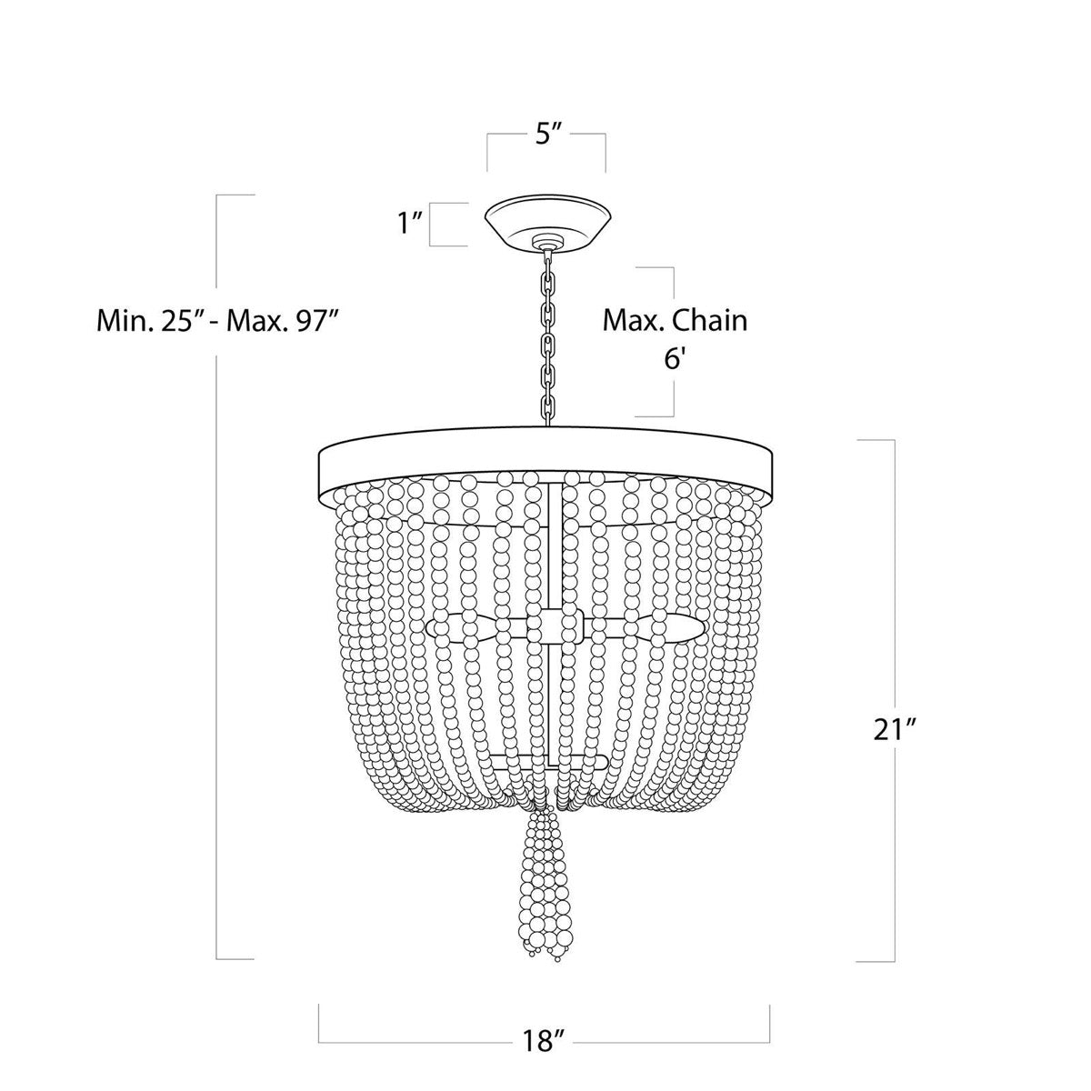 Everly Chandelier with dimensions. Dimension view.