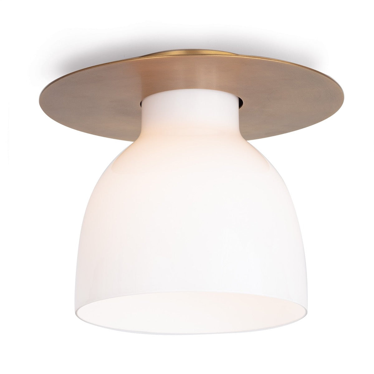 Freya Flush Mount Natural Brass. Light on. Front view.